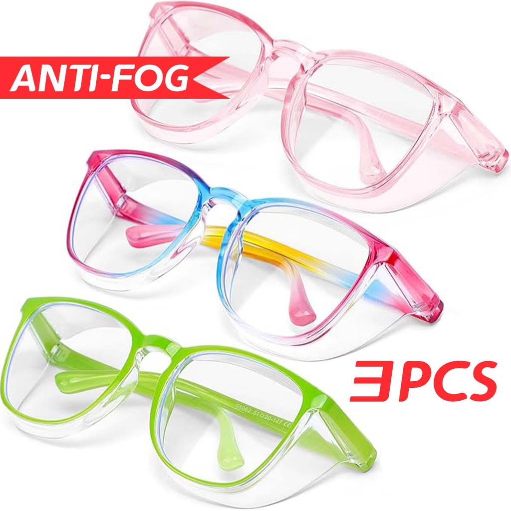 3PCS Anti- Fog Safety Eyeglasses Square Blue Lightweight Blocking Eyeglasses with Side Shields for School Daily Life