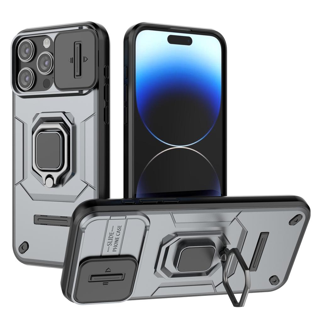For iPhone 15 Pro Kickstand Phone Case with Slide Lens Cover PC+TPU Shockproof Rugged Shell