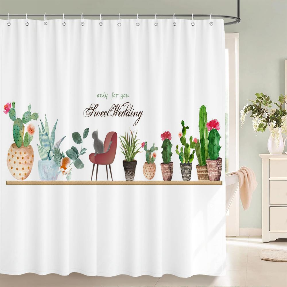 Tropical Plant Cactus Shower Curtain 180Cm *180Cm With Hooks, Floral Waterproof Shower Curtain, Shower Curtains For Bathroom