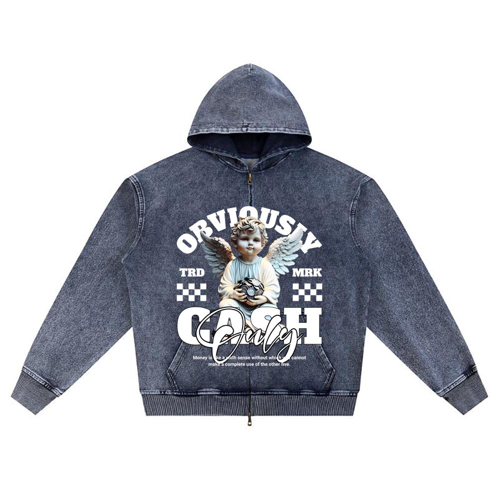 DTG print Knitted Denim Zip-Up Hoodie Obviously Cash Only Brother Print Zipper Hoodies