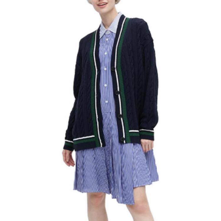 Uniqlo X JW Anderson Collaboration SS23 Spring Summer Collection Two-Tone V-Neck Striped Design Twisted Knit Sweater Women Sweater Navy 460651-69
