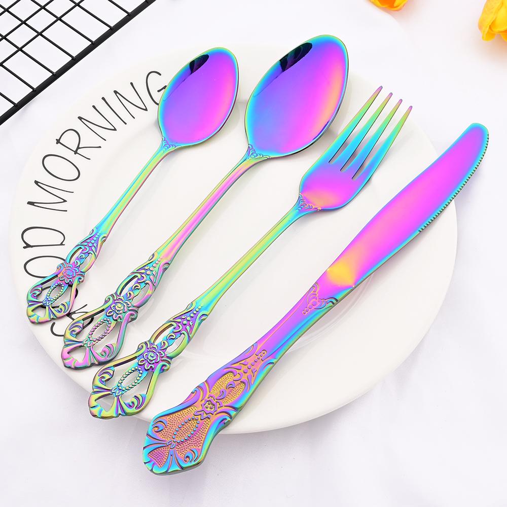 Luxury Rainbow Western Dinnerware Stainless Steel Cutlery Set Steak Knife Dessert Fork Coffee Spoon Ice Spoon Tableware Set