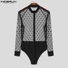 INCERUN Men Long Sleeve Polka Dot Patchwork Mesh See Through Bodysuits Jumpsuits