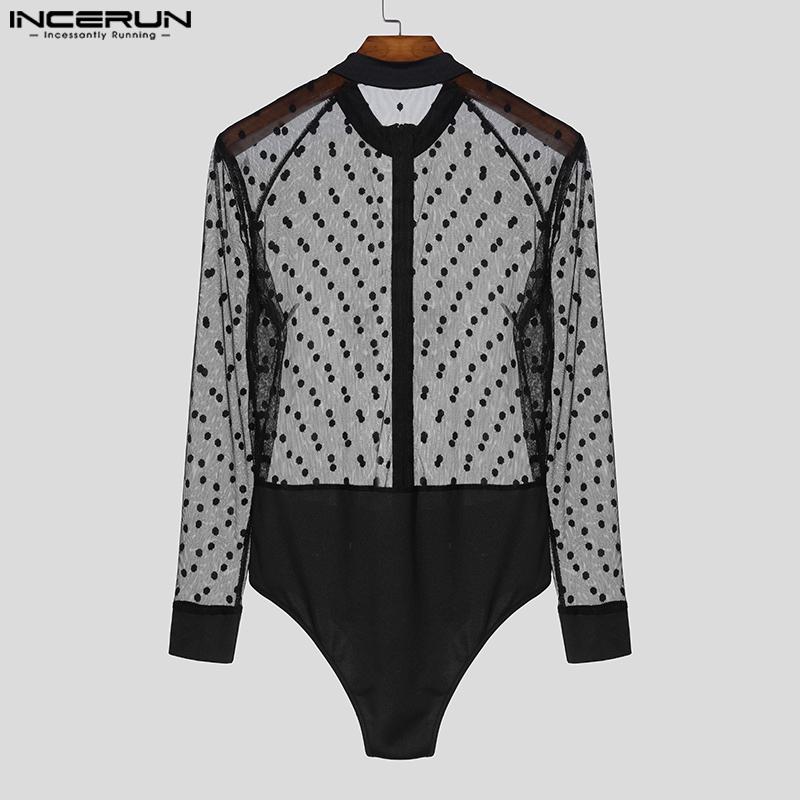 INCERUN Men Long Sleeve Polka Dot Patchwork Mesh See Through Bodysuits Jumpsuits