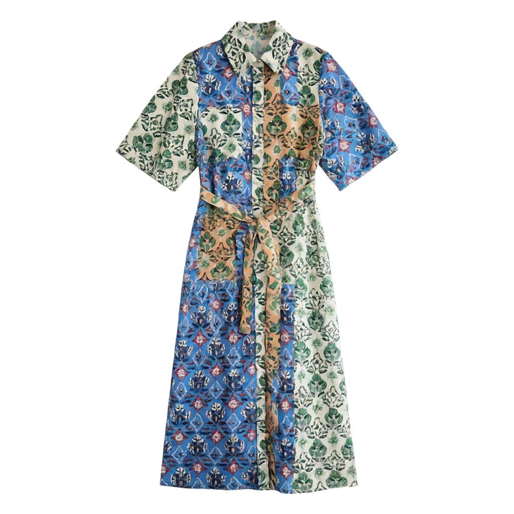 French linen printed shirt dress women s summer dress waist thin color matching shirt skirt temperament celebrity dress L