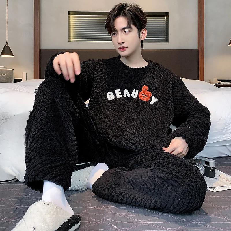 Higher Quality Thickened Warm Flannel Plus Size Men’s Pajamas Winter Nightwear Loungewear Fashion Striped Sleepwear Homewear