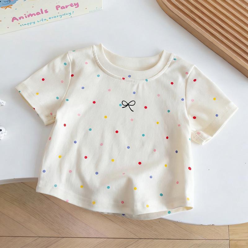 Girls' Polka Dot Cotton T-Shirt, Short-Sleeve, Breathable, for Small & Medium Children, Perfect Summer Wear.