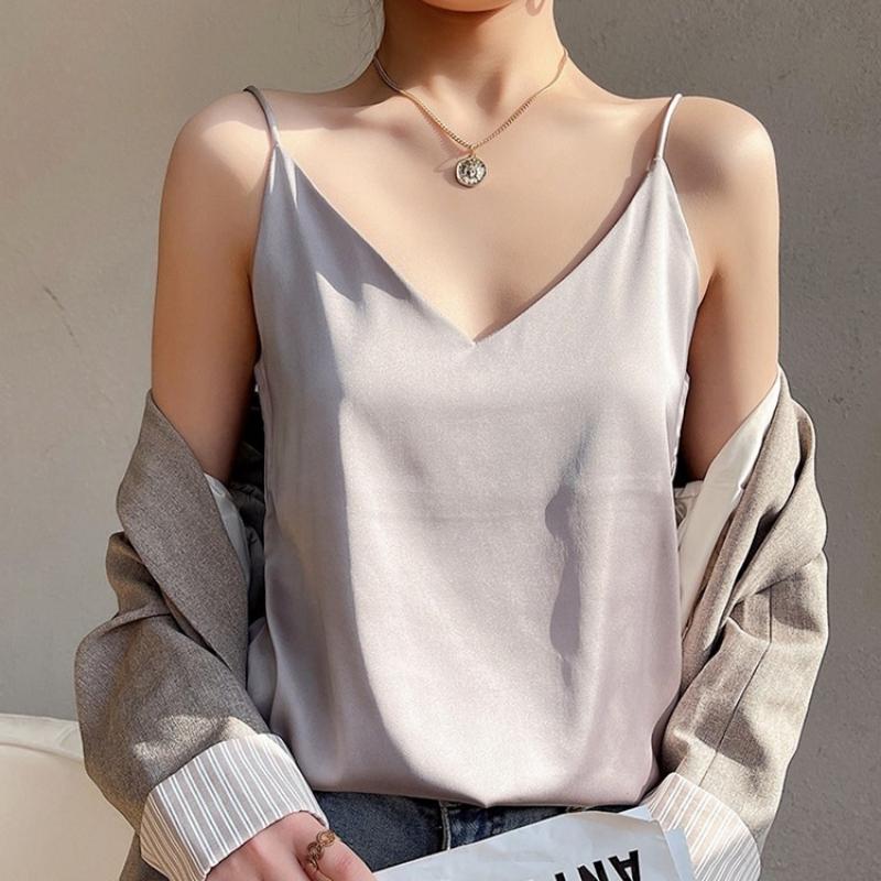 Women's V-Neck Sleeveless Camisole Top Satin Acetate Blend Inner Outer Wear Elegant Style with Suit for Summer Fashion