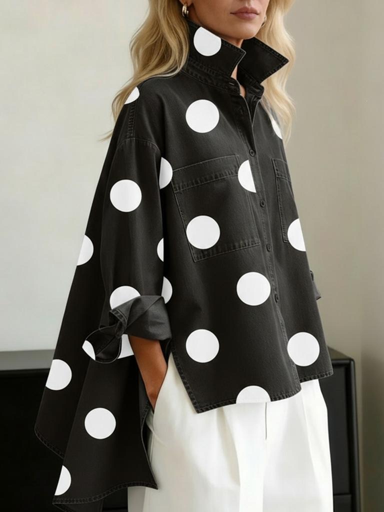European and American cross-border 2026 printed imitation denim stand-up collar casual shirt