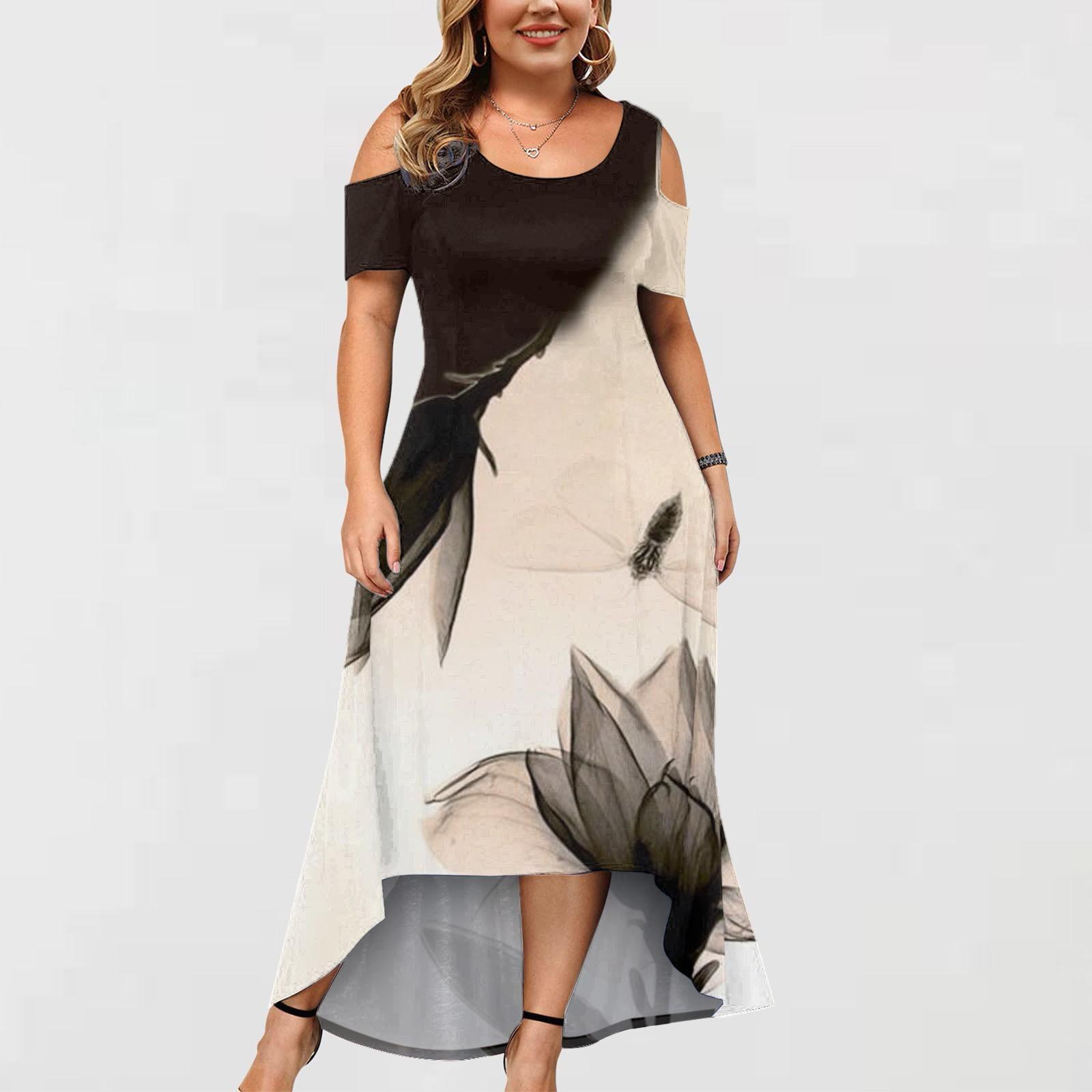 

Женское платье большого размера с коротким рукавом и модным принтом с круглым вырезом без бретелек с нерегулярным подолом XXXXL бежевый