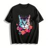 Floral Cat Print Casual T-Shirt For Women Pure Cotton T-shirt