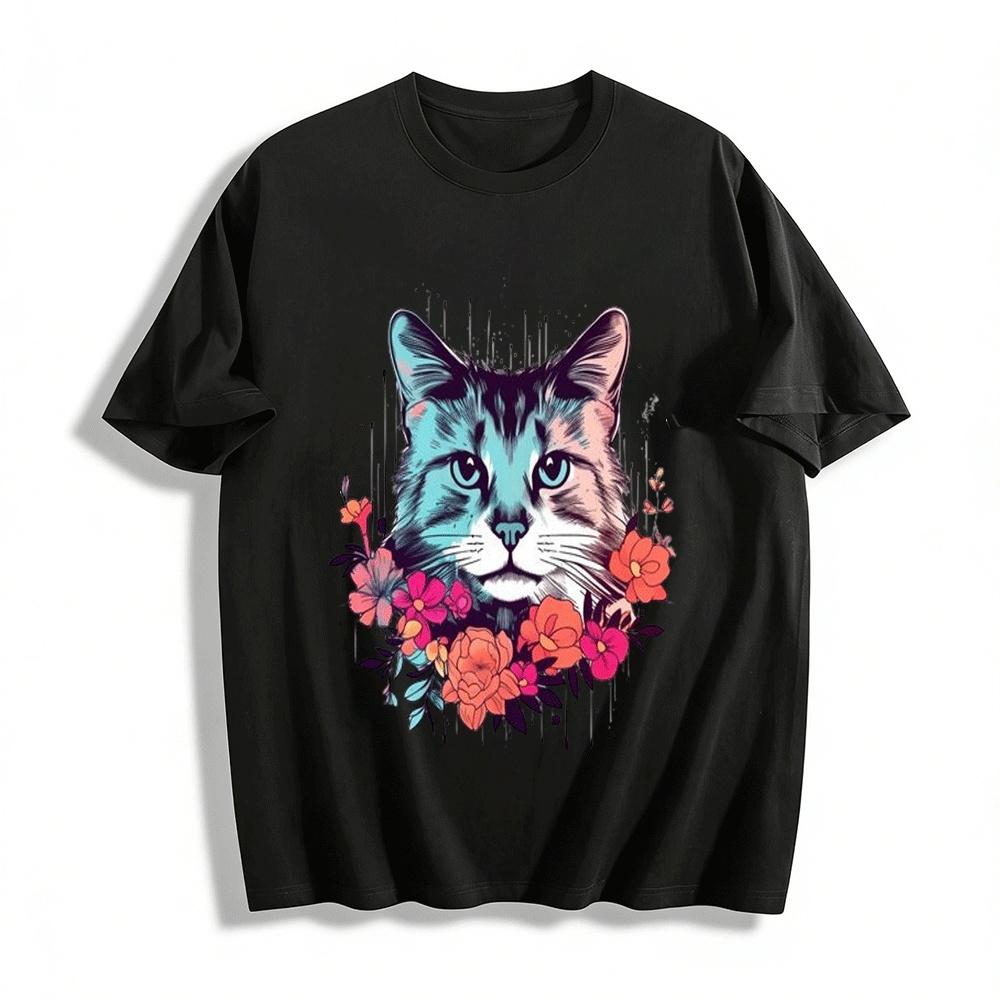Floral Cat Print Casual T-Shirt For Women Pure cotton T-shirt XXS