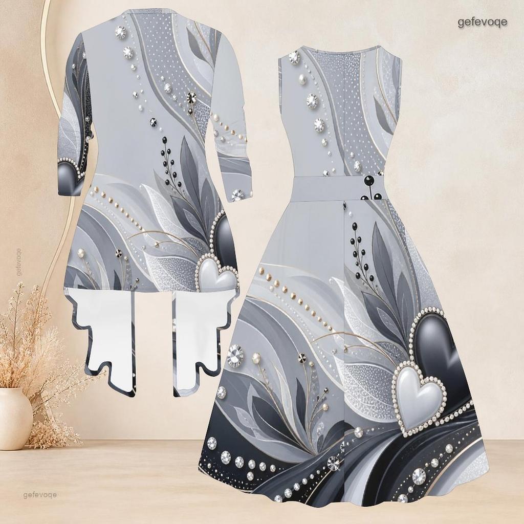 Women Plus Size Two Piece Set Printed Green Black Gold 3 4 Sleeve Cardigan Sleeveless Tie Waist Flared Dress