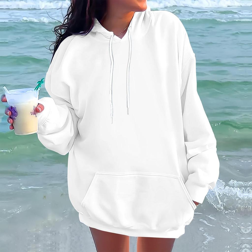 Ladies' Fashionable Casual Long Sleeved Round Neck Hooded Solid Color Hoodie With Threaded Thread