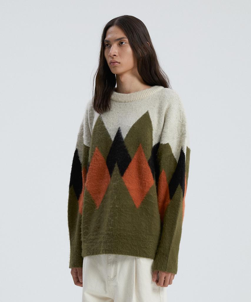 KNITTED Bulky Brush Argyle Knit Khaki