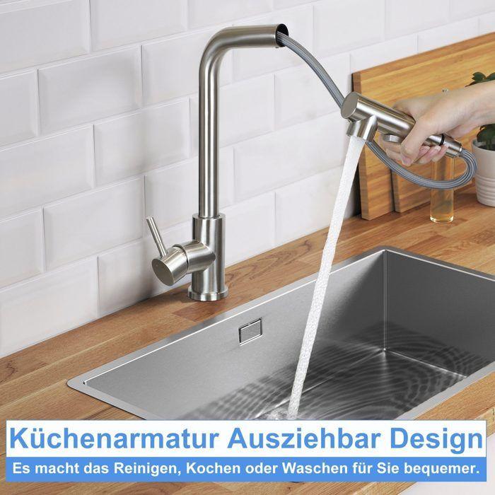 Robinet de cuisine - NETTLIFE - Mitigeur extractible - Bec rétractable - Douchette - Rotation 360° - Inox brossé