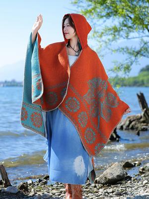 Winter Women Scarf Hooded Layers Poncho Elegant Lady Retro Floral Print Warm Wrap Shawl Scarve Capa Para Mujer Pashmina Cloak