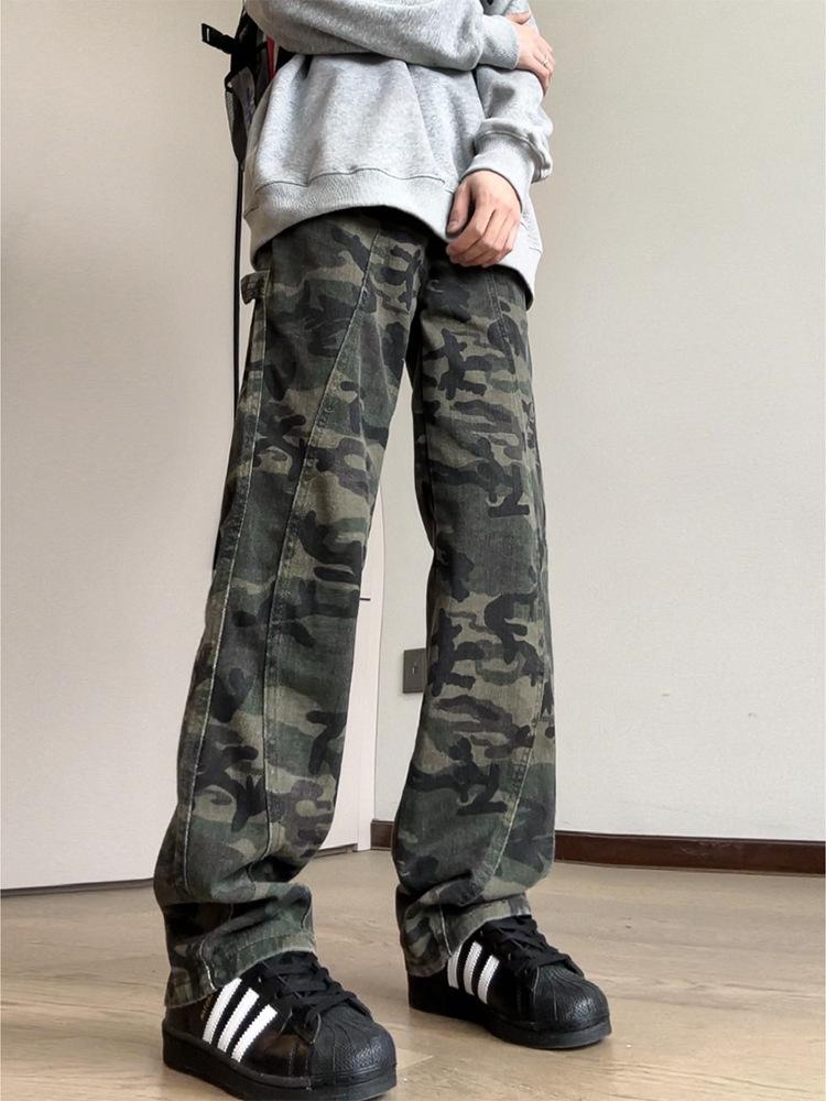 Camouflage tooling jeans boys summer new American high street retro pants loose straight wide leg trousers