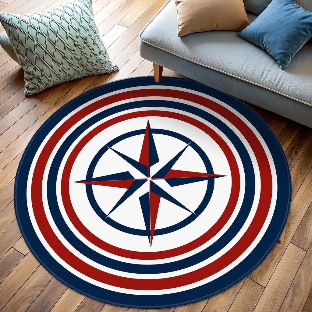 Nautical Ship Wheel Round Rug Navy Blue and White Non Slip Floor Mat for Coastal and Beach House Decor