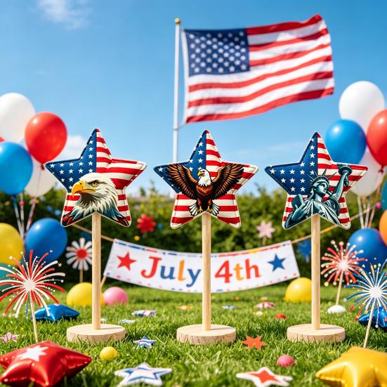 6 Pcs 4th of July Star Ornaments for Tiered Tray Decor, Patriotic Stuffed Fabric Star with Stand, American Blue