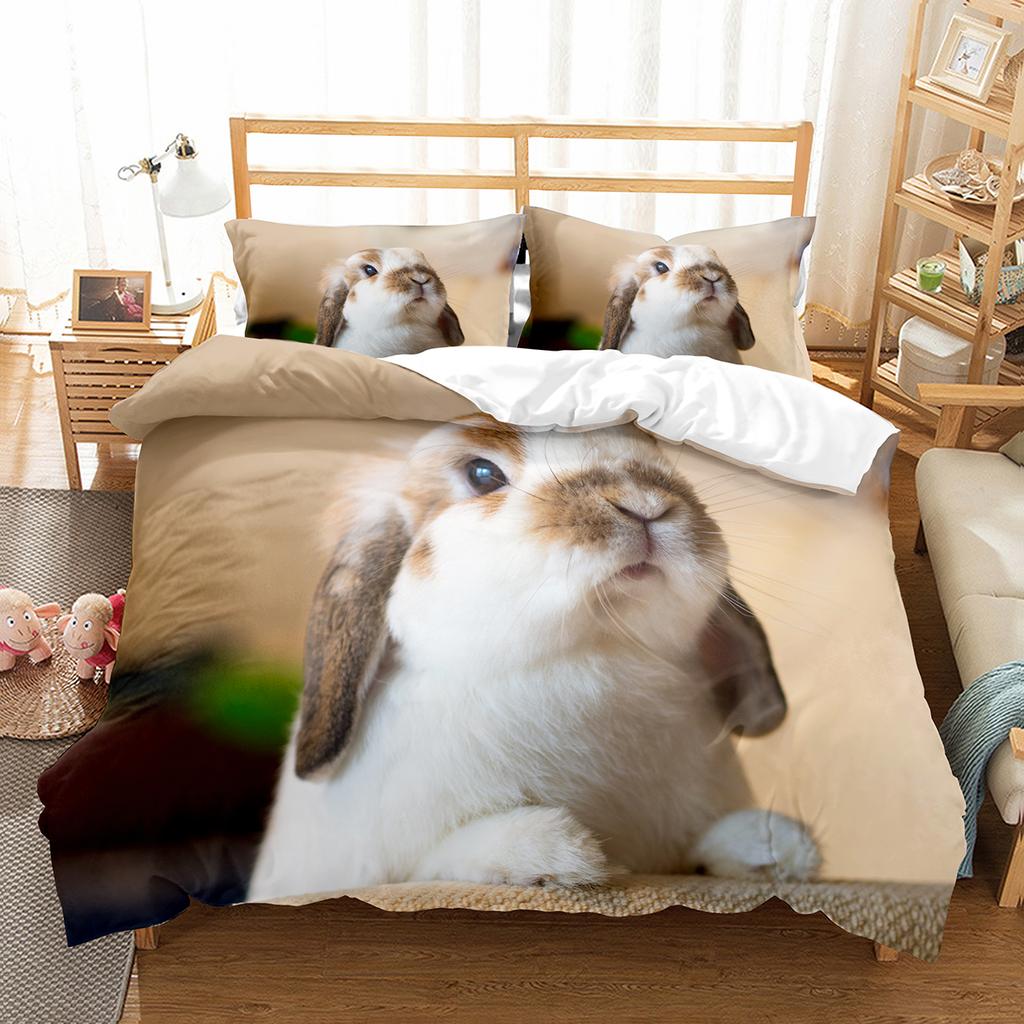 Cute Rabbit Duvet Cover Set Animals Polyester Comforter Cover King Queen Size for Kids Boys Girls Bedding Set with Pillowcase