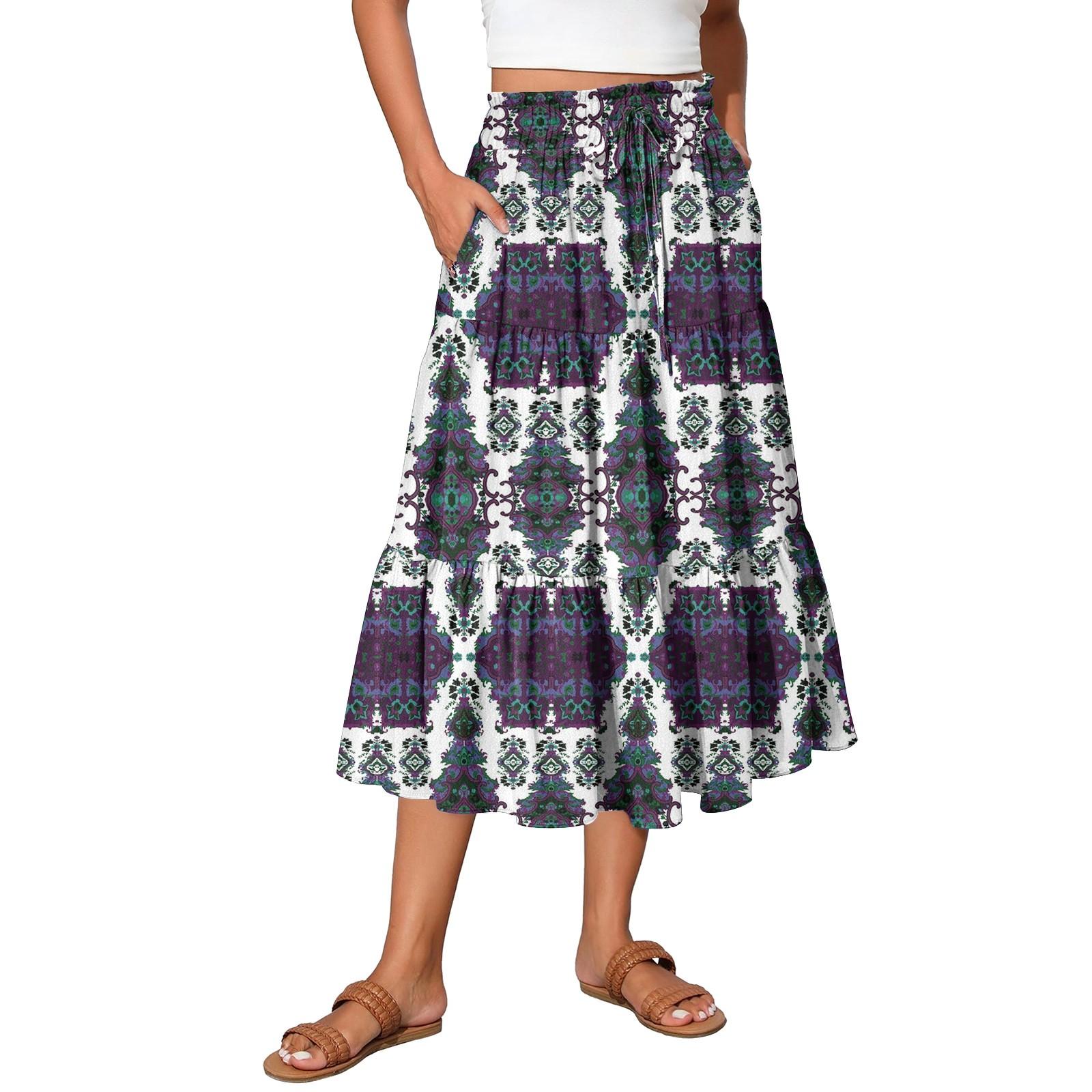 

Жіноча максі-спідниця на кулісці з високою посадкою, літня довга спідниця, легка ярусна спідниця, що струмує, з квітковим принтом, плісирована спідниця S білий