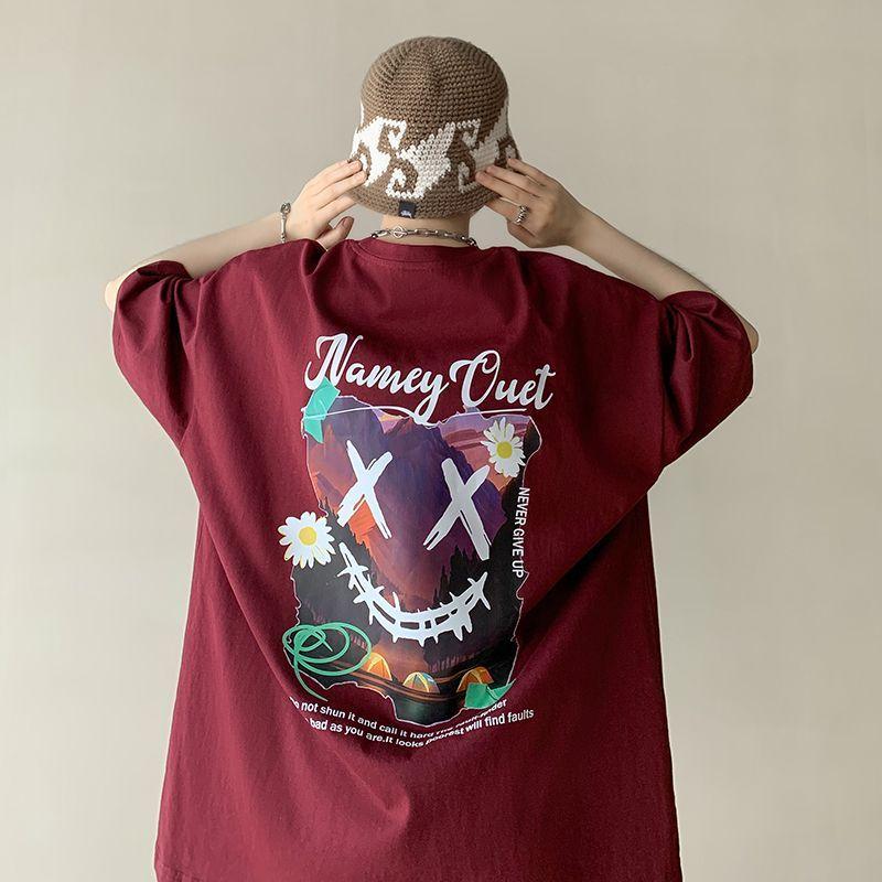 Youthful Vitality American Printed T-shirts Men's Clothing Casual Round Neck Summer Vintage Chic Loose Short Sleeve Pullovers