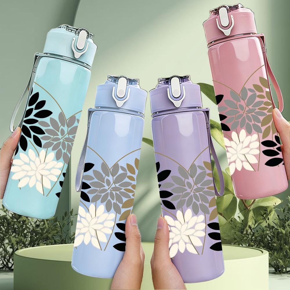 1PC Black White Floral Print 750ml Color Plastic Sports Water Bottle Leakproof Flip Straw Lid Suitable for Sports Office Home Use