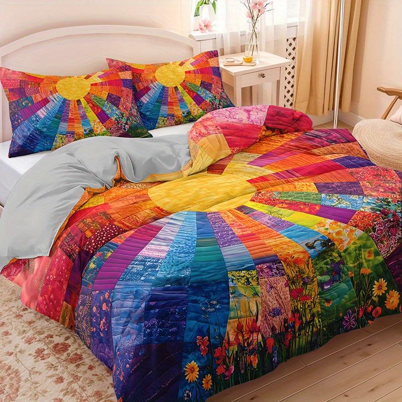 Champ de fleurs au lever du soleil arc-en-ciel Doux avec tissu doux Ensemble de housse de couette 1 Housse de couette douce + 2 taies d'oreiller Quatre saisons Maison Dortoir Impression haute définition