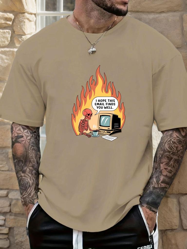 Mens Casual Tshirt Skeleton Flame Email Print Short Sleeve Round Neck Breathable Soft Oversized Humorous Daily Tee