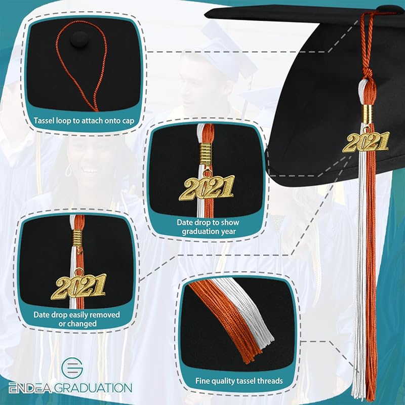 Endea Graduation Double Color Tassel with Gold Date Drop (Burnt Orange/White, 2021) белый