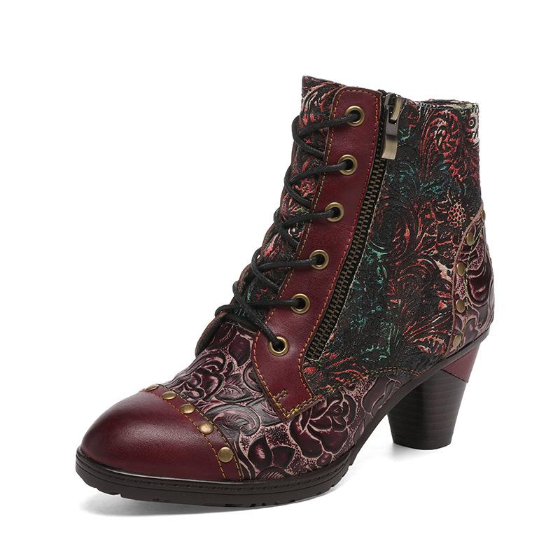 Johnature Vintage Floral Genuine Leather Patchwork Rivet Handmade High-heeled Women's Short Boots