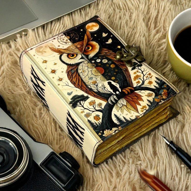 Handmade Leather Owl Journal with Lock – Vintage Refillable Diary, Gift for Writers