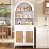 Modern arched display and storage cabinet, rattan doors, 3 display compartments + 2 doors + 1 drawer, white + wood look, 70 x 40 x 170 cm.