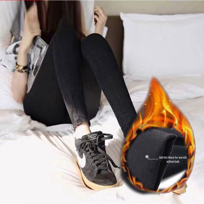 Women's High-Waisted, Slimming, Plus Size, Fleece-Lined Winter Jeans - Korean Style, Elastic Slim-Fit, Trendy Small Leg Pants