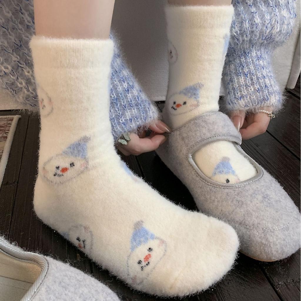 Blue Snowman Australian Velvet Socks Christmas Tree Girl Thickened Warm Confinement Socks Korean Winter Cute Mid-Leg Socks