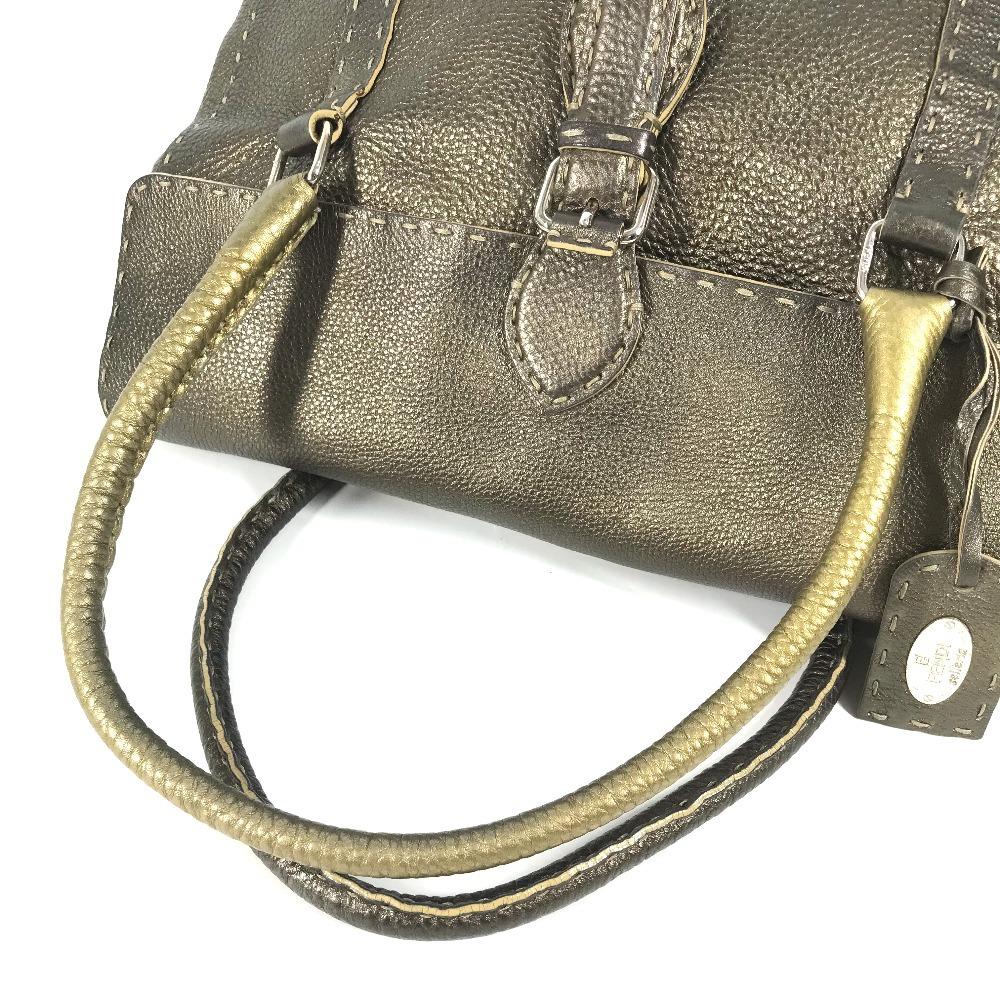 Fendi Selleria Stitch Tote Bag Flap Hand Bag Leather Metallic Gold Based