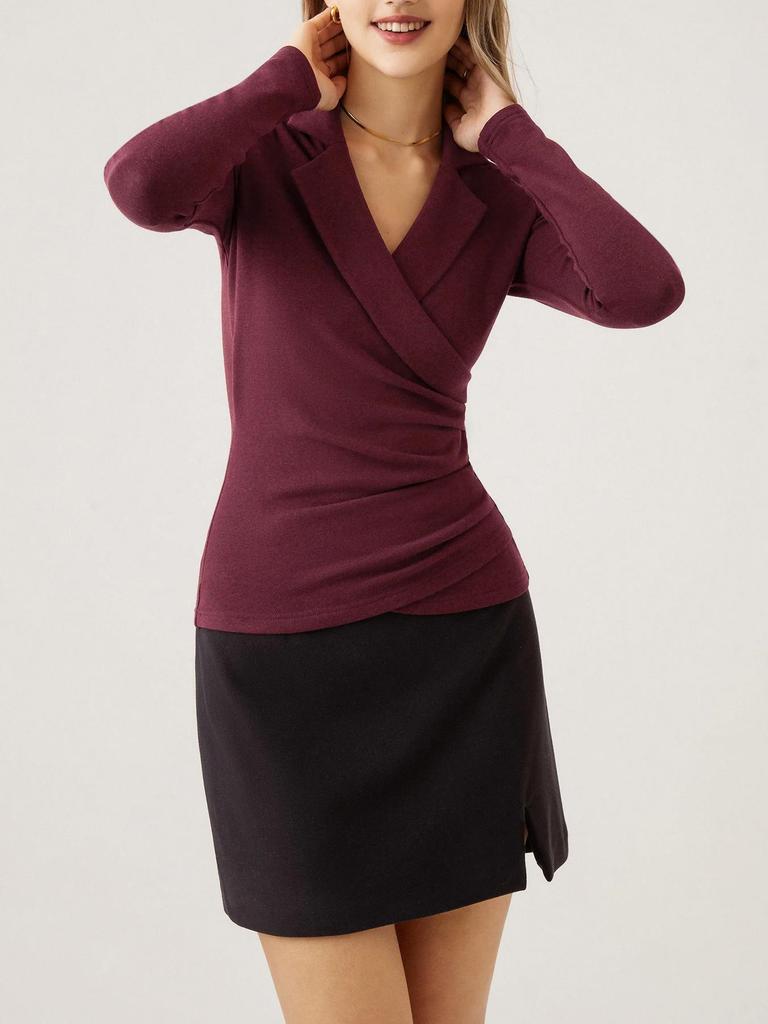 Autumn/Winter Lapel Pleated Long Sleeve Slimming Base Layer Pullover
