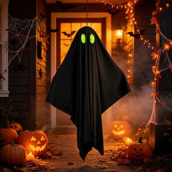 Easy Storage Halloween Decor Hanging Ghost Outdoor Decoration, Spooky Black Fabric with Green Garden Ornaments Eyes for Outside Tree,