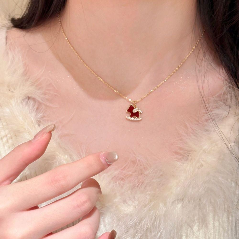Rhinestone Zircon Horse Pendant Necklace Fashion Jewelry Red Drop Earrings For Girl