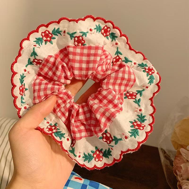 1pc Sweet Cute Polka Dot Plaid Lace Large Intestine Hair Ring, Tie Ball Head and High Ponytail Head Rope Hair Ornament Headpiece