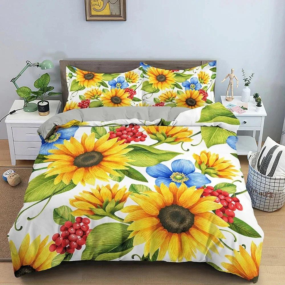 Sonnenblumen Bettbezug Florales Bettwäscheset 3D-gedruckte Bettdeckenbezüge mit Kissenbezug Einzelbett Doppelbettgröße Heimtextil