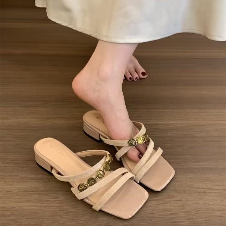Fashion 2025 Summer New Fashion Women High Heels Slippers Square Toe Shoes for Women Design Open Toe Slingback Slides Female Zapatos