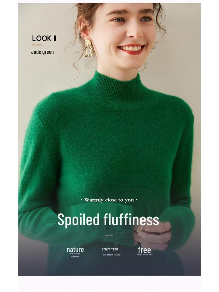 Women's Cashmere Half High Neck Slimming Solid Color Sweater for Autumn/Winter