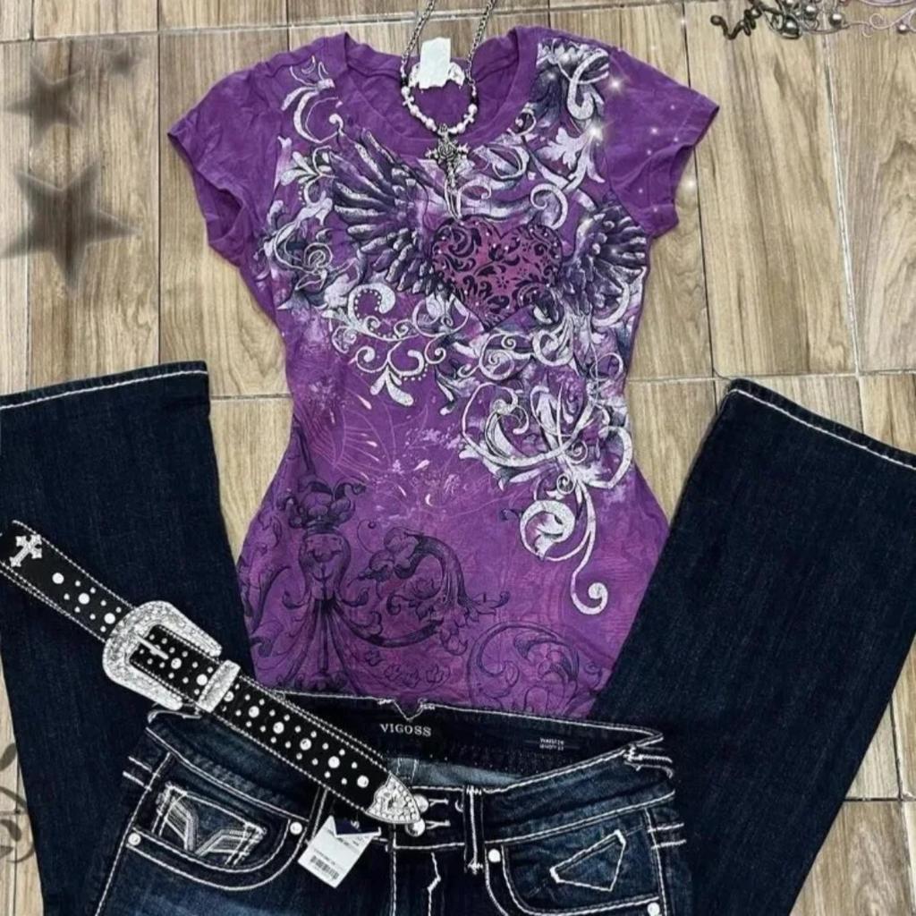 TrendHub Women's Subculture Vintage Purple Print T-Shirt Summer Y2k American Retro Slim Tees Casual Harajuku Grunge Fashion Tops New
