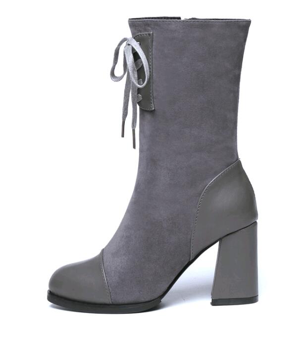 Brand Design Female Boots Leather Cross-tied Lace Up Women Boots Wool Knitting Female Motorcycle Boots Hjm9