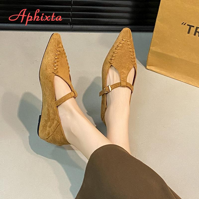 Aphixta 2.5cm Height Increasing Women's Mary Janes Sewing Dec Cow Suede Upper Flats Pointed Toe Autumn Korean Style Ladies Shoes