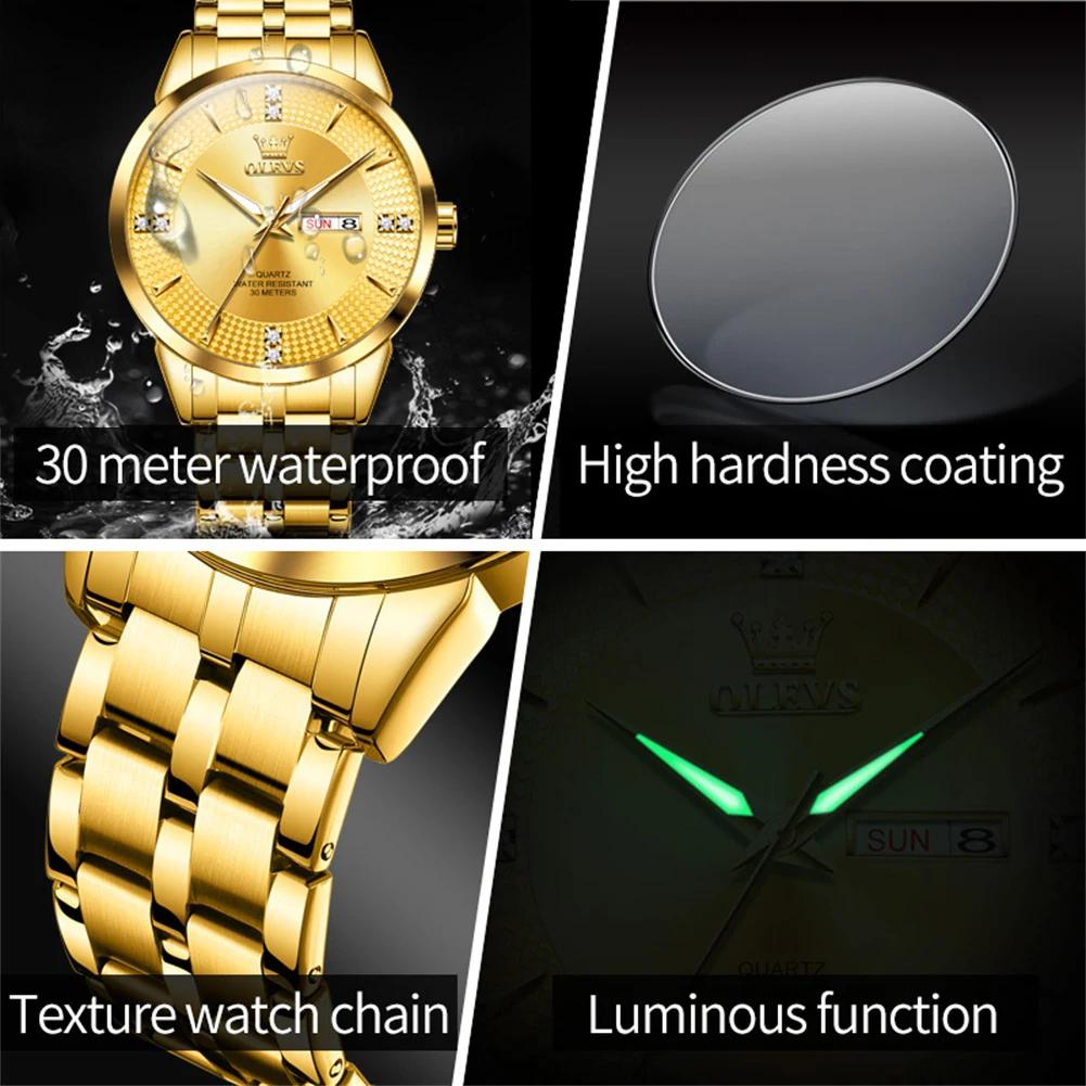 OLEVS Gold Watch for Men Waterproof Luminous Date Fashion Classic Stainless Steel Wristwatch Business Quartz Watches