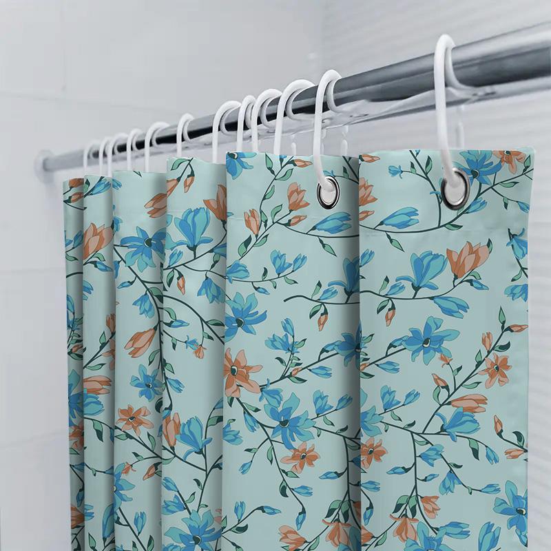 Modern Flower Blue Decor Shower Curtain Waterproof Fabric Bathroom Liner For Home Decoration In White Blue Colors Size: 69 X 70