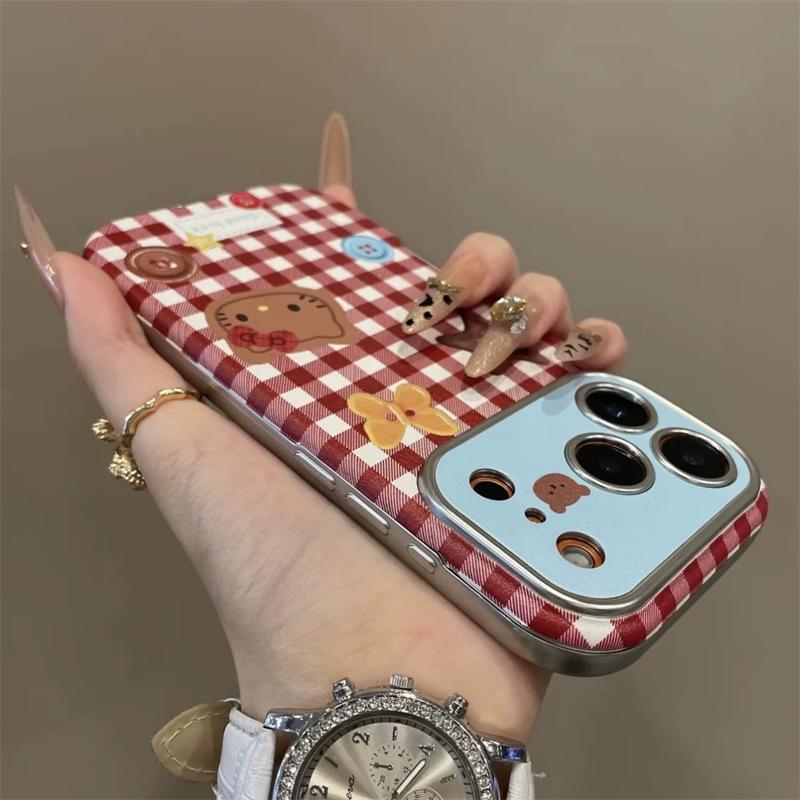 Plaid KT cat is suitable for iPhone17pro mobile phone case, Apple 16pro, large window 15pro, lattice 14pro